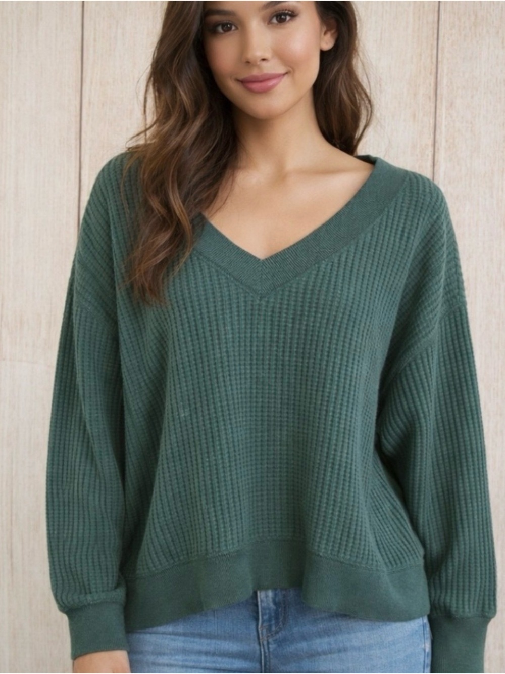American Eagle Outfitters V-Neck Big Hug Oversize Waffle Knit Pullover Large